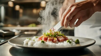 Chef prepares sushi, steaming rice, kitchen