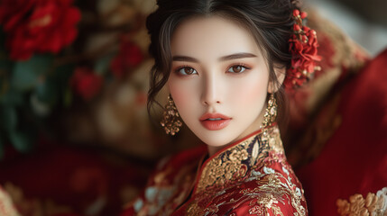 Fototapeta premium Luxurious Silk Pajamas with Intricate Embroidery and Rich Colors