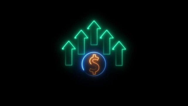 Neon dollar sign with Arrow.Dollar rate increase icon animation . Money symbol with stretching arrow up. Rising prices. Business cost sale icon.