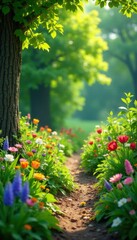 Obraz premium Vibrant summer scene featuring fresh greens and colorful foliage, abstract background, foliage, summer