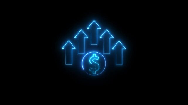 Neon dollar sign with Arrow.Dollar rate increase icon animation . Money symbol with stretching arrow up. Rising prices. Business cost sale icon.