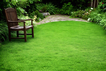 Serene garden scene featuring a wooden chair on lush green lawn, stone pathway, and vibrant flora. Perfect for relaxation, tranquility, and outdoor living themes.