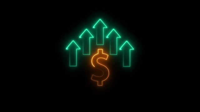 Neon dollar sign with Arrow.Dollar rate increase icon animation . Money symbol with stretching arrow up. Rising prices. Business cost sale icon.