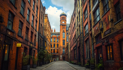 Obraz premium Charming cobblestone alleyway in historic brick buildings, featuring a central clock tower. Perfect for travel, architecture, and urban exploration themes.