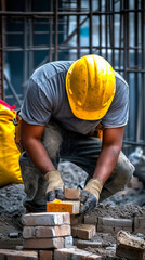 A dedicated construction worker lays bricks with precision, showcasing skill and resilience on a busy construction site, ready to create sturdy structures for the future.