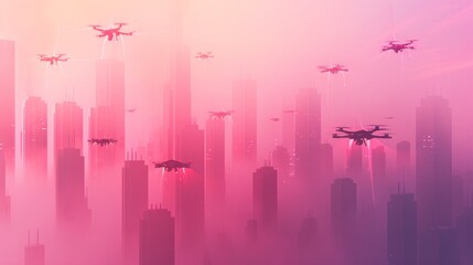 A visually stunning digital artwork of a futuristic city enveloped in mist, with drones flying above skyscrapers, evoking a cyberpunk and tech-driven atmosphere. AI generated.