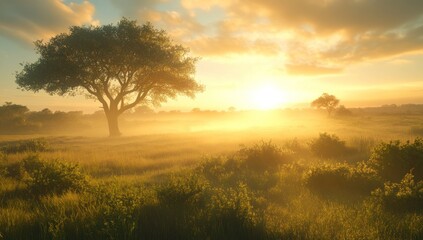 Golden Sunrise Over Serene Savannah