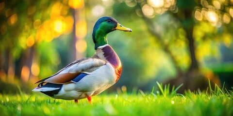 Fototapeta premium Mallard Duck in Park - Candid Photo - Green Grass - Wildlife Photography