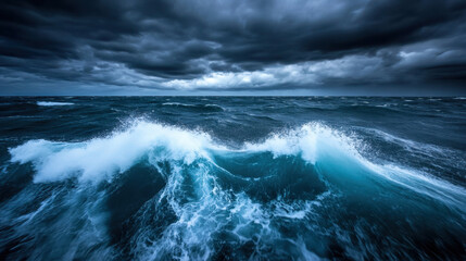Fototapeta premium dramatic ocean scene with turbulent waves and dark storm clouds. powerful waves crash against each other, creating sense of movement and intensity in atmosphere