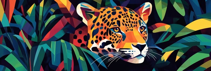 Obraz premium Colorful jaguar resting among vibrant jungle foliage during daylight hours in a tropical rainforest environment. Generative AI