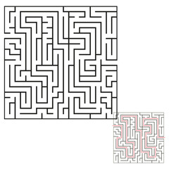 Maze puzzle. Black white labyrinth. Solved path illustration. Vector graphic.