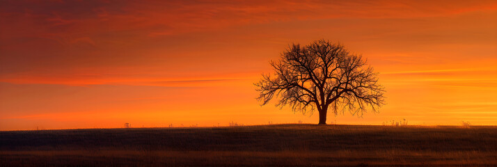 Obraz premium Solitary Silhouette: A Lone Tree Against a Sunset Sky