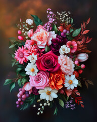 A vibrant and exquisite bouquet featuring a symphony of roses, daisies, and delicate foliage, embodying elegance and beauty in every petal.