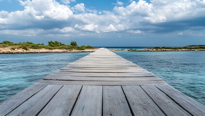Wooden dock path leads to turquoise water