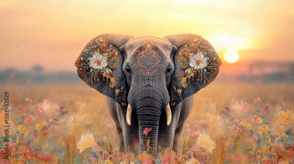 Aufkleber majestic elephant adorned with floral patterns in a vibrant field during sunset. generative ai