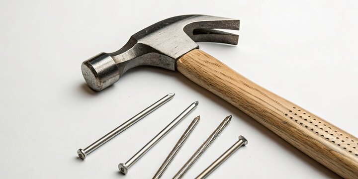 Minimalist Hammer and Nails in Focus - Simple Tool Aesthetics for Home Improvement, DIY Projects, and Construction Concepts, Soft Lighting, and Clean Background for Visual Appeal