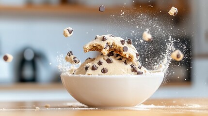 Chocolate chip cookies shattering in bowl, kitchen background. Food photography