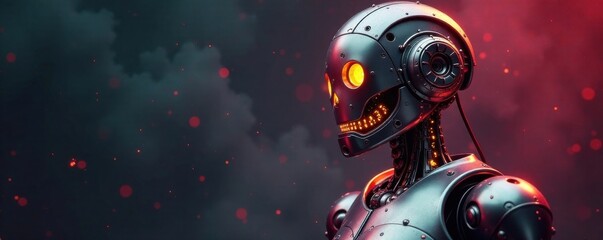 Vintage-inspired vector robot with metallic sheen, futuristic, sci-fi, circuitry patterns