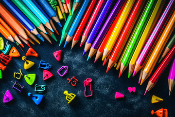 Obraz premium Colorful pencils and stationery arranged artistically on a dark background; back to school concept.