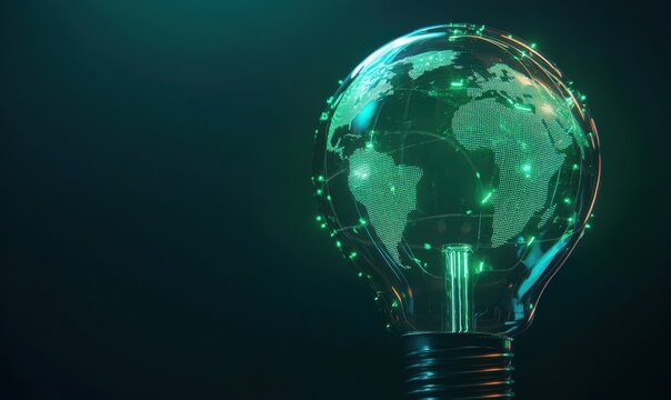 Global network inside lightbulb on dark background, ideal for sustainability