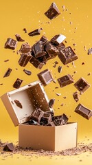Chocolate pieces flying into open box, yellow background. Food photography for packaging