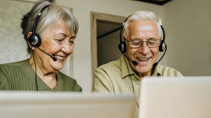 A smiling elderly couple sharing a computer each with a headset on