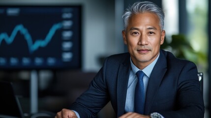 Fototapeta premium Confident Asian Male Corporate Executive Showcasing Financial Data and Analytics Dashboard on Computer Screen in Modern Office Workspace