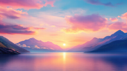 stunning sunrise over tranquil lake, surrounded by majestic mountains and colorful clouds, creating serene and peaceful atmosphere