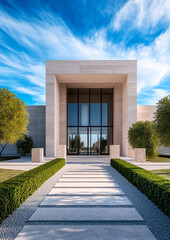 Naklejka premium A striking contemporary facade featuring expansive glass doors, clean lines, and meticulously landscaped pathways, framed by lush greenery and under a bright blue sky.