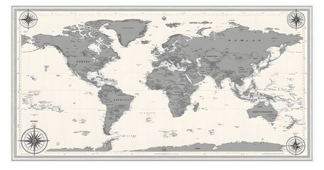 Vintage world map, gray tones, decorative compass
