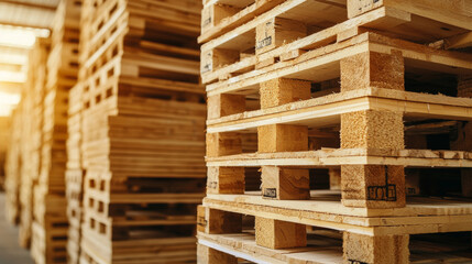 Palletized wood products stacked in warehouse create organized and efficient storage solution. warm lighting enhances natural texture of wood, showcasing its quality