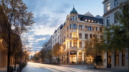 Fototapeta premium City street dusk, building illuminated, trees, traffic blur