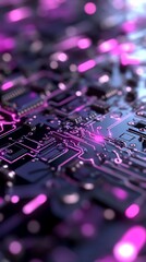 Circuit board close-up, glowing pink, tech background