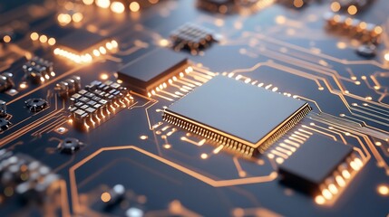 Circuit board processor, glowing details, tech background