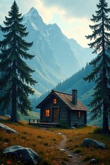 Vintage wooden cabin blends with fir trees in a mystical landscape , woods, vintage, forest