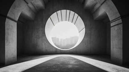 Circular window, city view, concrete room, architectural design, background
