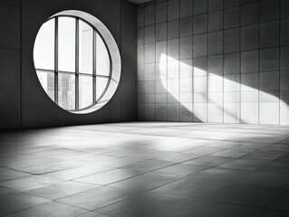 Circular window, city view, sunlight, modern building interior