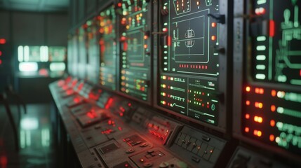 A dimly lit control room filled with vintage-inspired panels, glowing indicators, and futuristic switches. The nostalgic design blends with high-tech elements, evoking a sci-fi feel. AI generated.
