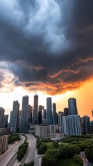 Naklejka premium Cityscape sunset, dramatic clouds, highway