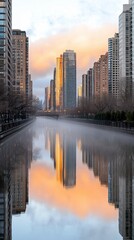 City canal sunrise reflection, calm mist