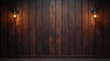 rustic wooden wall with two vintage lanterns, creating warm and inviting atmosphere. rich textures and warm lighting enhance cozy feel of space