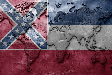 Flag of mississippi state on the ancient leather old world map . Adventure concept. Macro shot. Generative Ai