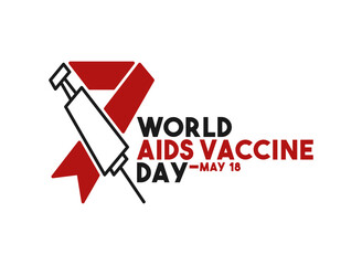 World Aids Vaccine Day. May 18. Red ribbon and syringe icon. White background. Poster, banner, card, background.
