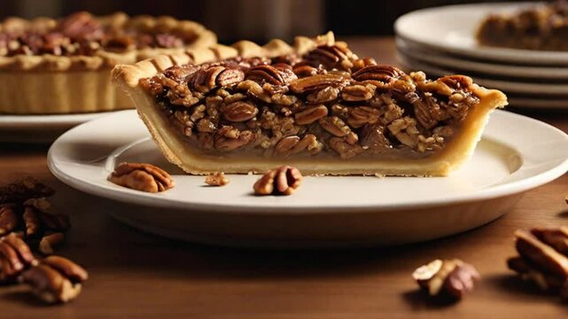 A pecan pie, with a golden brown crust and a rich, dark filling