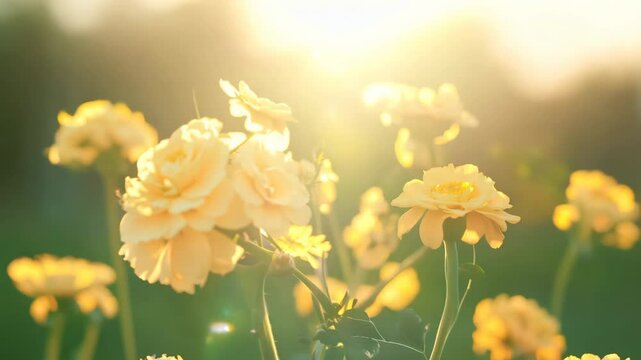 Japanese Kerria Wildflowers Blooming in the Wind with Blurred Garden Background