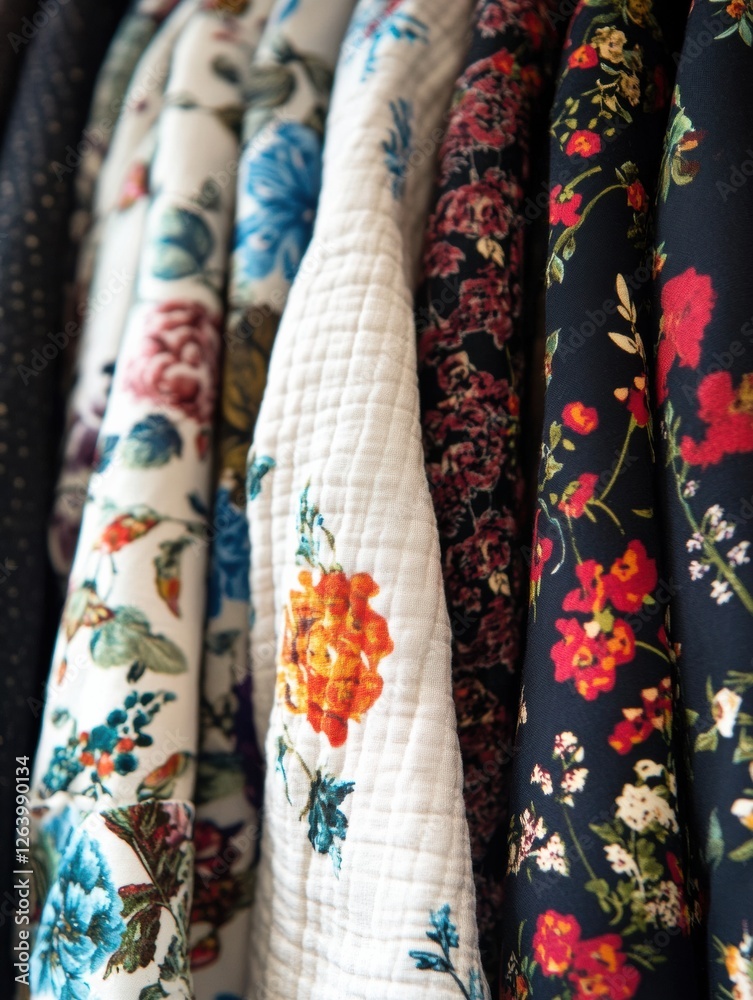 Poster close up view of beautifully patterned fabrics featuring floral and geometric designs ideal for text