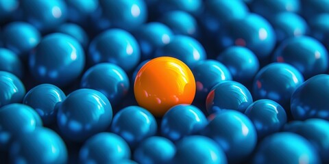 A vibrant orange orb commands attention amid a sea of deep blue spheres, creating a striking contrast that captivates and draws focus to its vivid hue