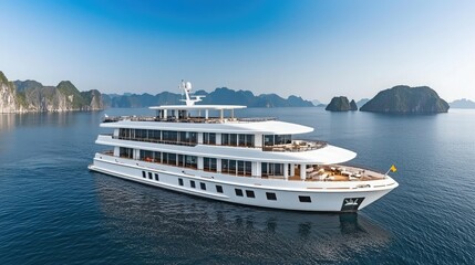 Obraz premium A luxurious yacht glides through calm waters, surrounded by stunning rocky islands under a clear blue sky.