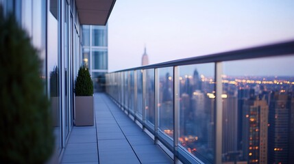 Cityscape view from luxury balcony at dusk