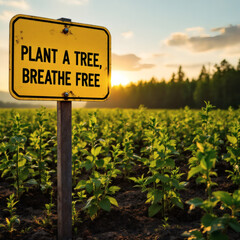 Obraz premium A bold yellow metal sign with the text 'Plant a Tree, Breathe Free', promoting eco-consciousness and green living.